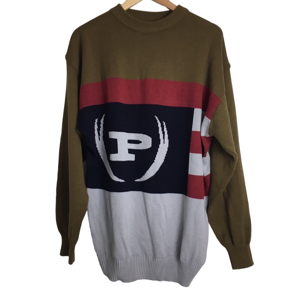 Phat Farm Mens Knit Crewneck Sweater Olive Grey P Logo XL Y2K - Picture 1 of 14
